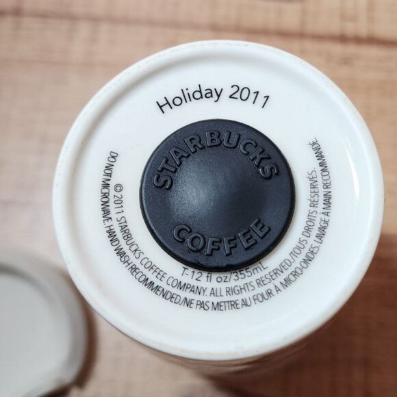 2011 STARBUCKS Falala Travel Mug Holiday Fa La La Double Wall Ceramic & Lid 12oz - Picture 2 of 11